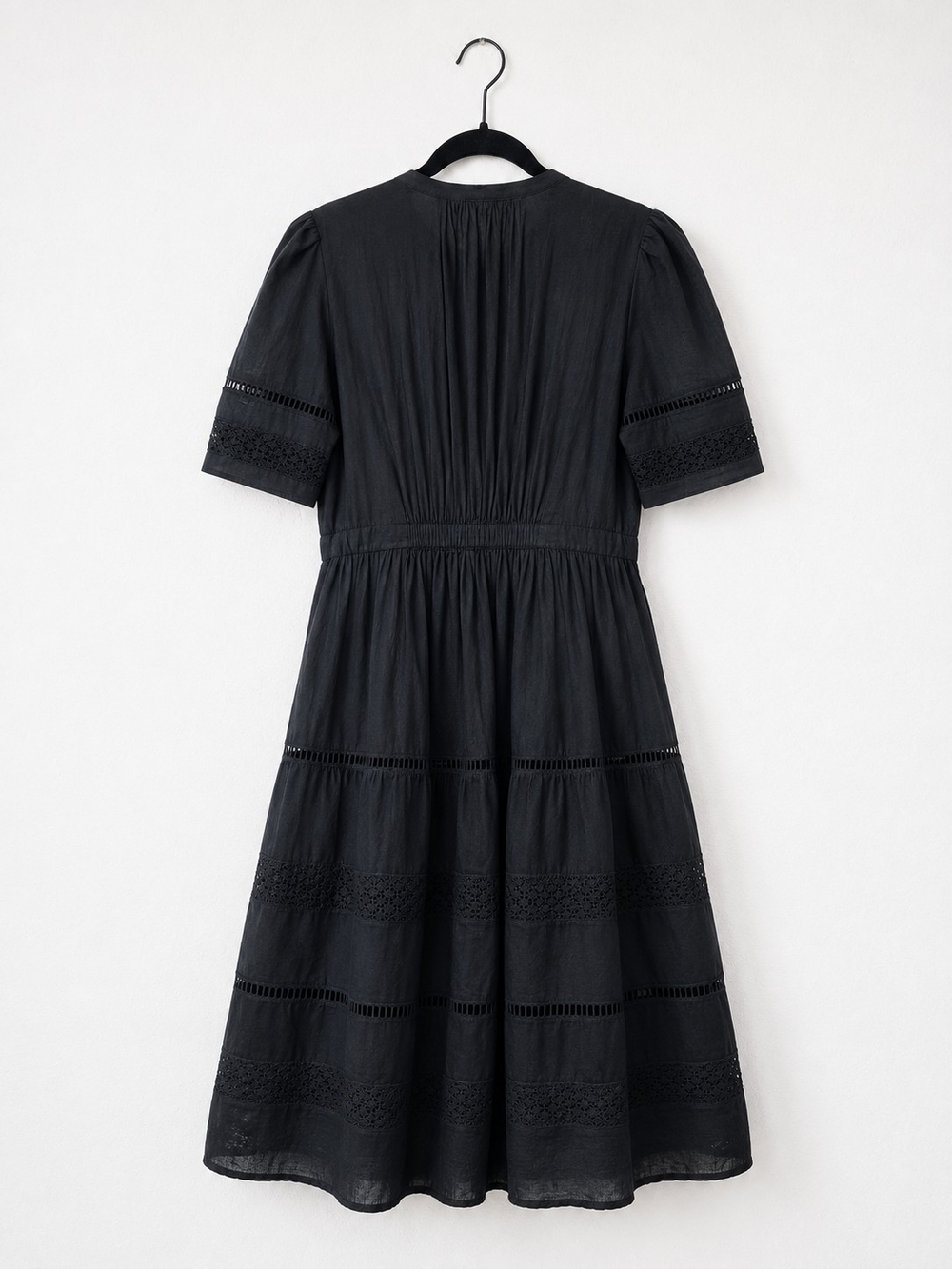 GAP Black Cotton Lace Trim Tiered Midi Dress Button Front Puff Sleeve Medium - Picture 3 of 9
